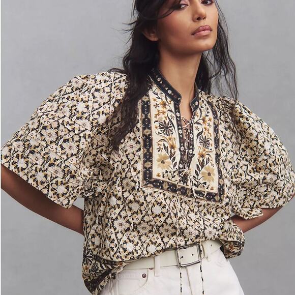 Anthropologie Pleated Puff Sleeve Lace Up Blouse - Picture 1 of 8